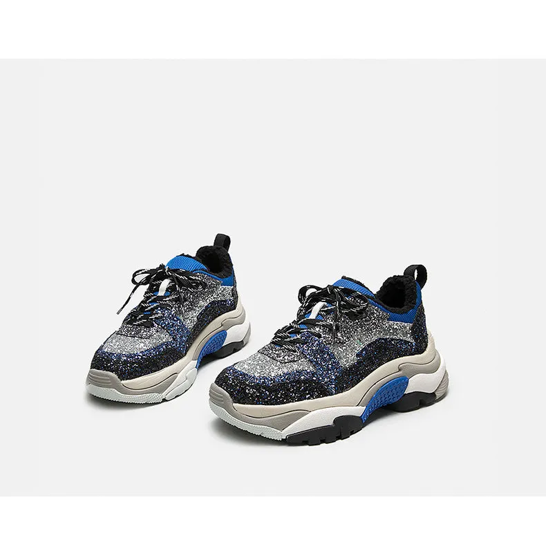 BELLALILY BLUE AND BLACK CHUNKY TRAINERS IN GLITTER