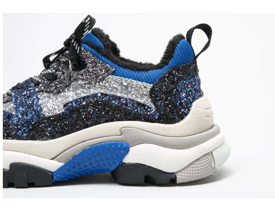 BELLALILY BLUE AND BLACK CHUNKY TRAINERS IN GLITTER