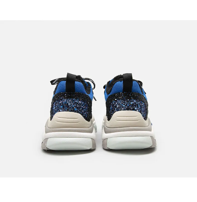BELLALILY BLUE AND BLACK CHUNKY TRAINERS IN GLITTER