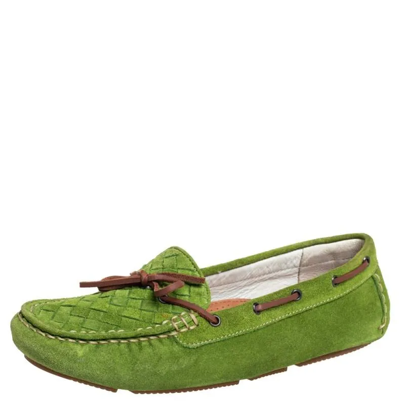 Bottega Veneta Green Intrecciato Suede Bow Slip on Loafers Size 38 RJC4358