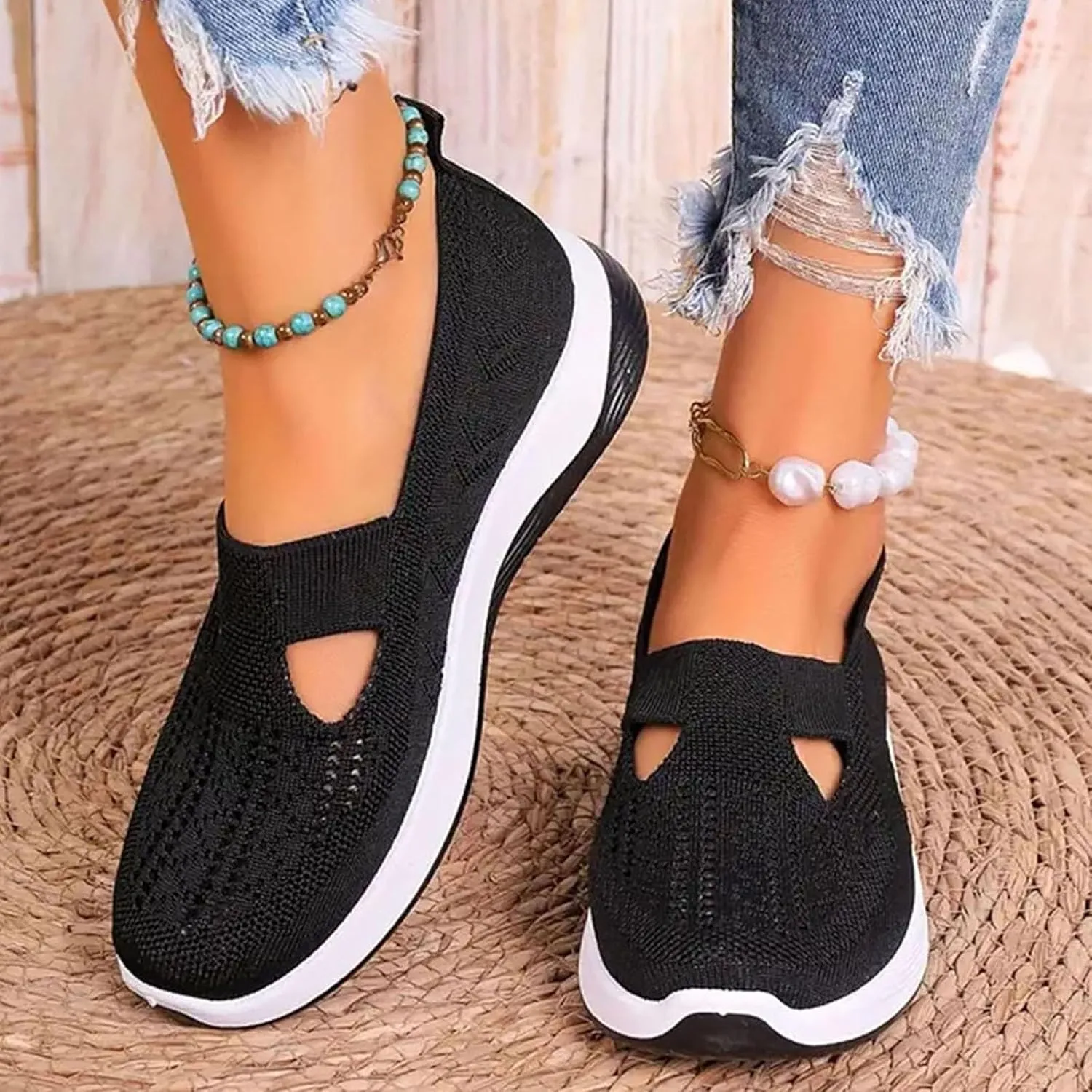Cathalem Women's Slip on Sneakers Shoes Woven Orthopedic Breathable Soft Shoes Walking Diabetic Foam Shoes Hands Free Slip in