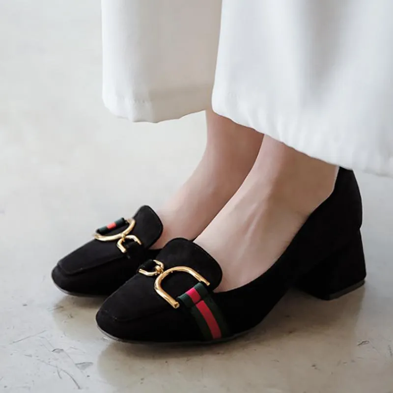 Chunky Heel Square Toe Buckle Date Heels