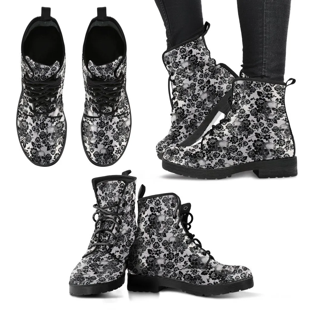 Combat Boots - Goth Shoes #53 Skulls & Black Flowers | Women's Black Hipster Boots, Vegan Leather Lace Up Boots, Handmade Lace Up Boots