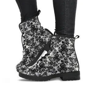Combat Boots - Goth Shoes #53 Skulls & Black Flowers | Women's Black Hipster Boots, Vegan Leather Lace Up Boots, Handmade Lace Up Boots