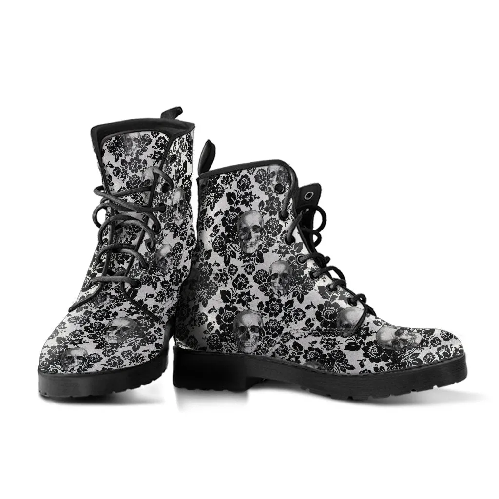 Combat Boots - Goth Shoes #53 Skulls & Black Flowers | Women's Black Hipster Boots, Vegan Leather Lace Up Boots, Handmade Lace Up Boots