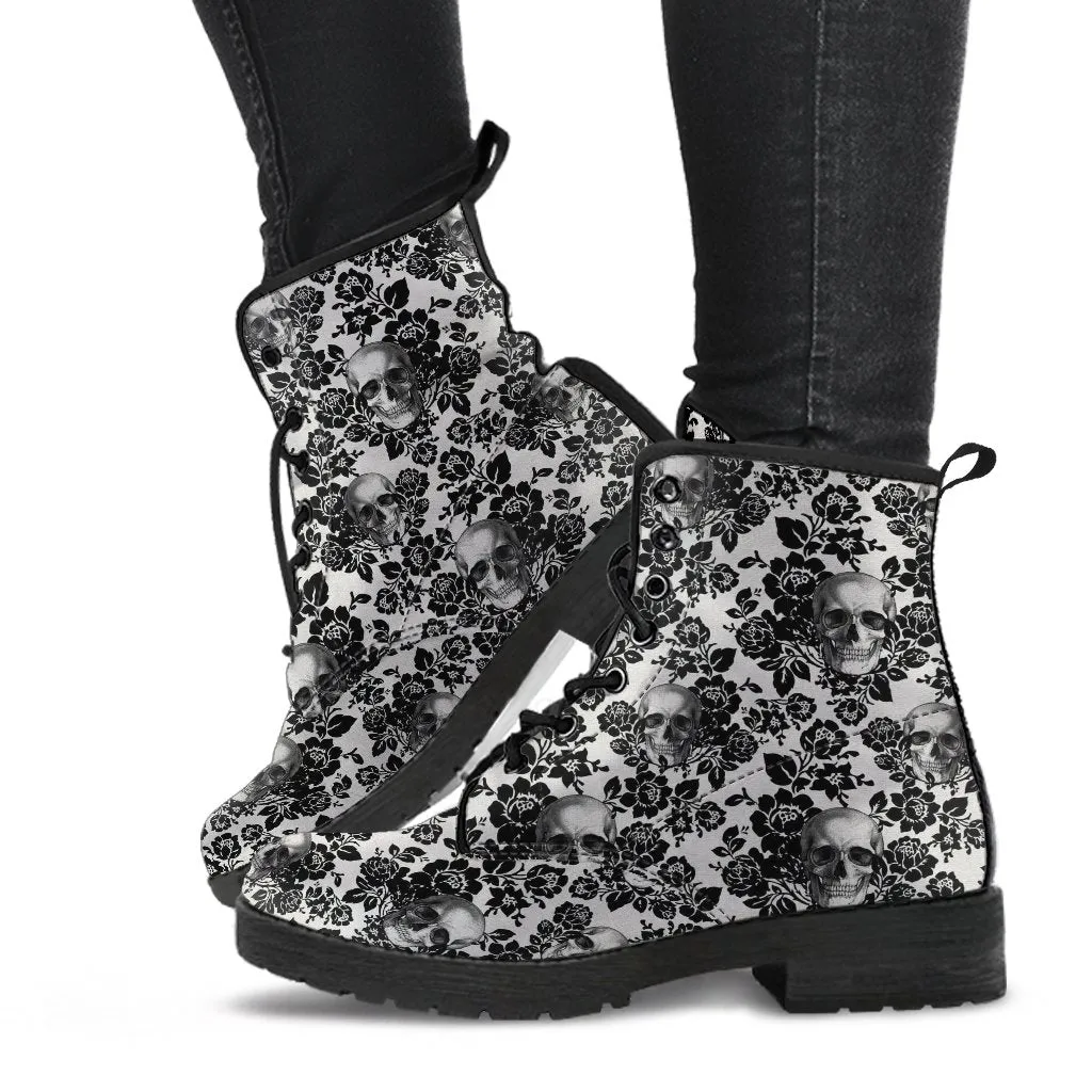 Combat Boots - Goth Shoes #53 Skulls & Black Flowers | Women's Black Hipster Boots, Vegan Leather Lace Up Boots, Handmade Lace Up Boots