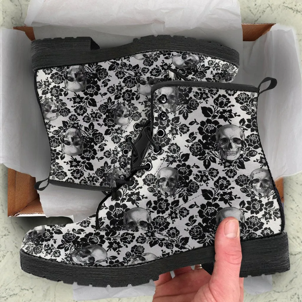 Combat Boots - Goth Shoes #53 Skulls & Black Flowers | Women's Black Hipster Boots, Vegan Leather Lace Up Boots, Handmade Lace Up Boots