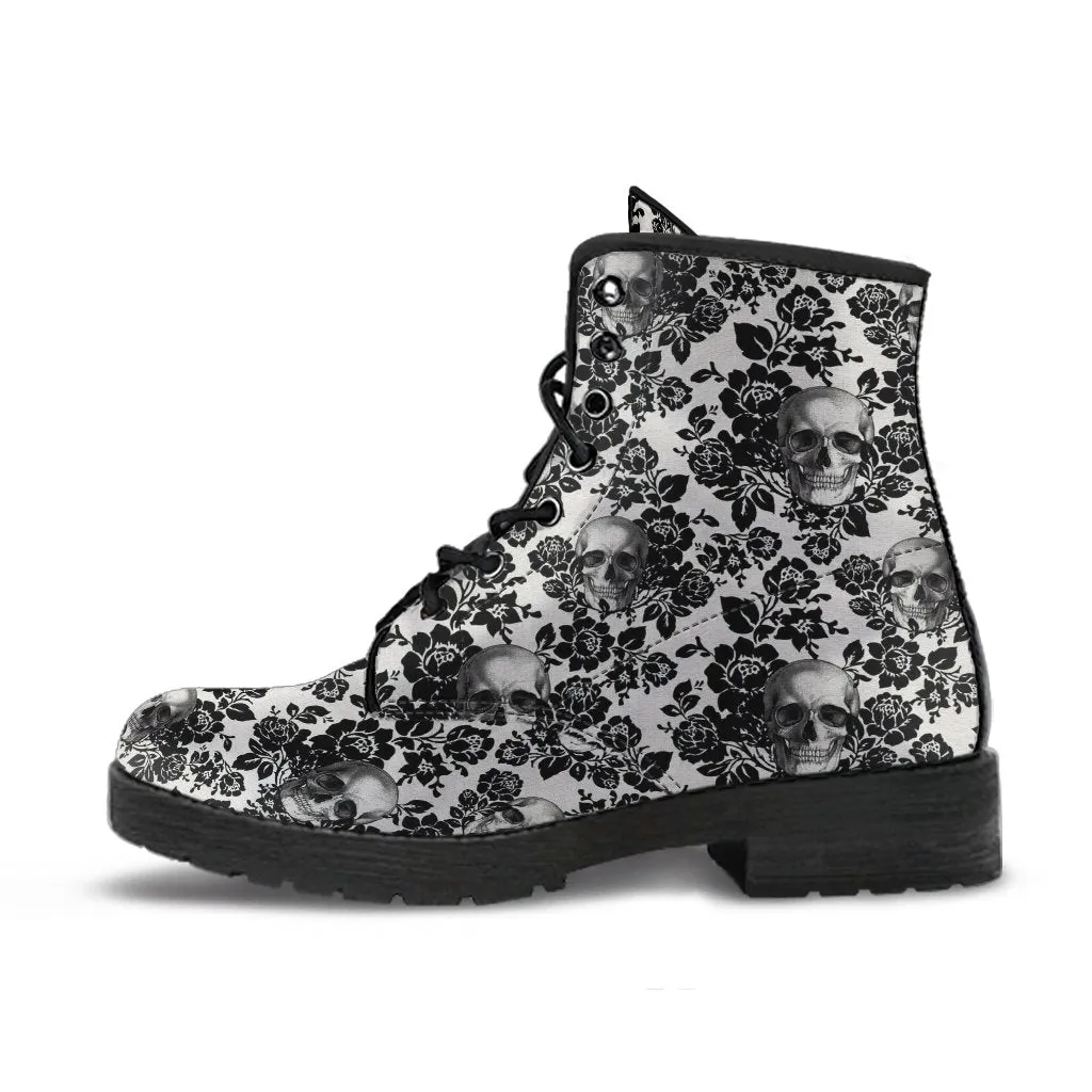 Combat Boots - Goth Shoes #53 Skulls & Black Flowers | Women's Black Hipster Boots, Vegan Leather Lace Up Boots, Handmade Lace Up Boots