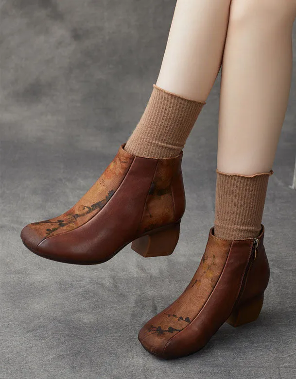 Ethnic Style Handmade Round Head Chunky Heel Boots