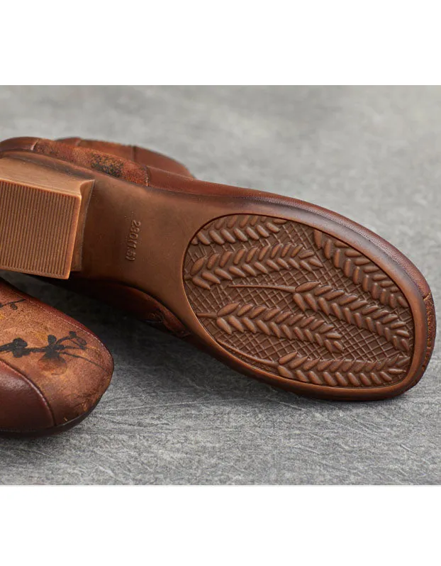 Ethnic Style Handmade Round Head Chunky Heel Boots