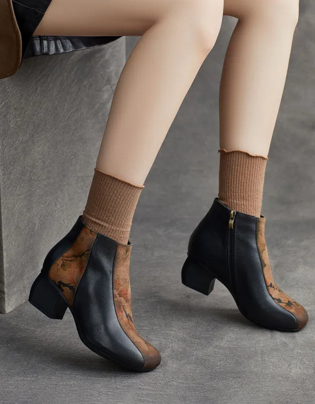 Ethnic Style Handmade Round Head Chunky Heel Boots