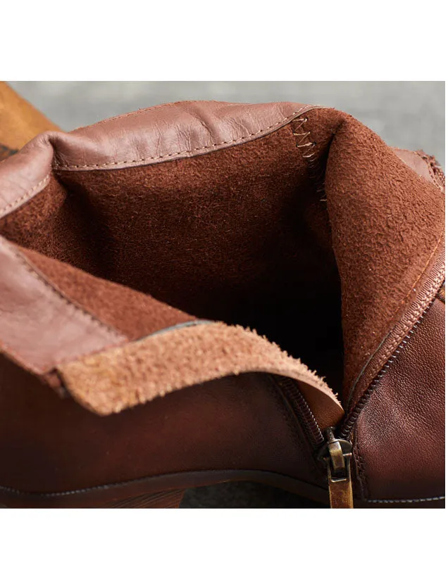 Ethnic Style Handmade Round Head Chunky Heel Boots