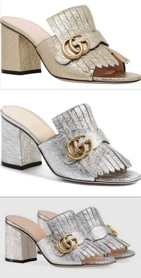 GG Marmont Metallic Crackle-Leather Mules, Gold or Silver