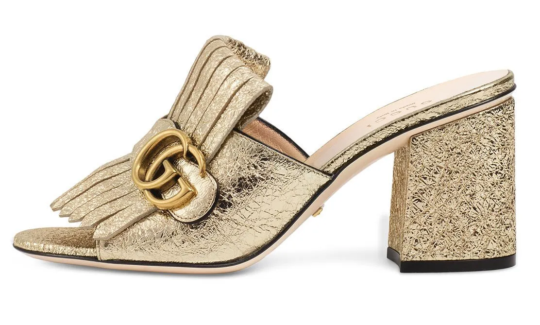 GG Marmont Metallic Crackle-Leather Mules, Gold or Silver