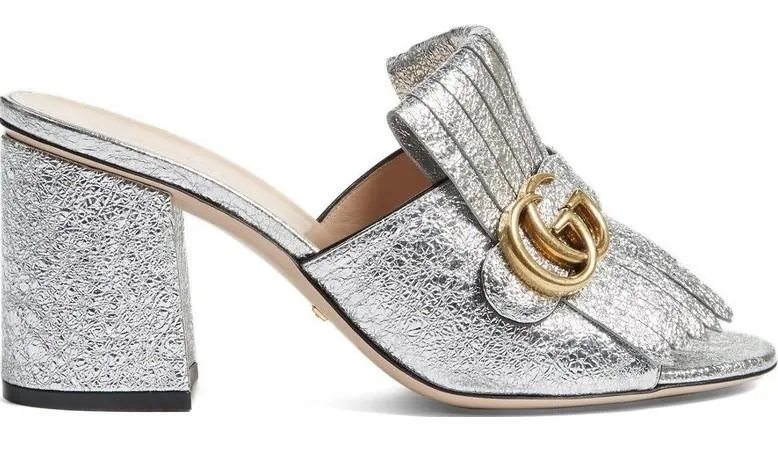GG Marmont Metallic Crackle-Leather Mules, Gold or Silver