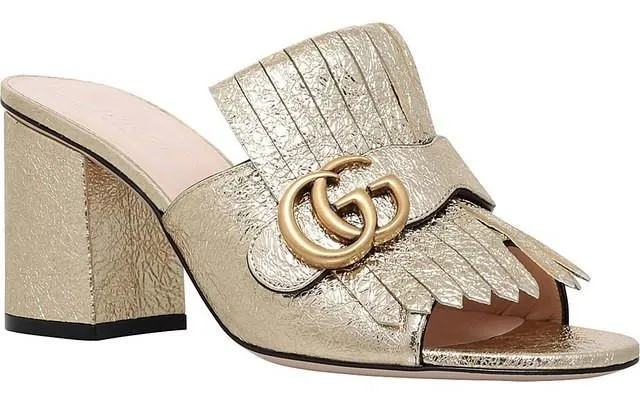 GG Marmont Metallic Crackle-Leather Mules, Gold or Silver
