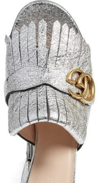 GG Marmont Metallic Crackle-Leather Mules, Gold or Silver