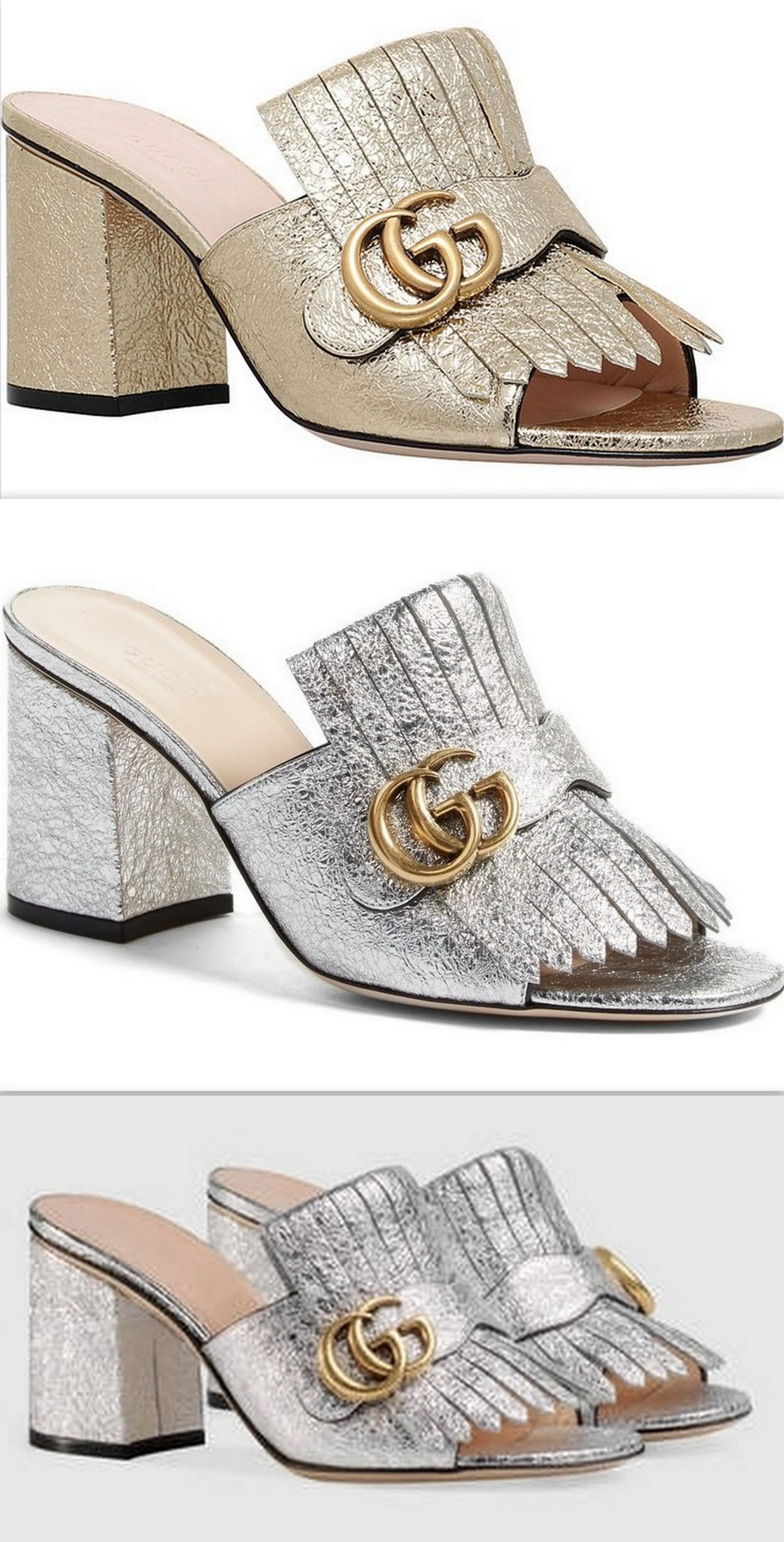 GG Marmont Metallic Crackle-Leather Mules, Gold or Silver