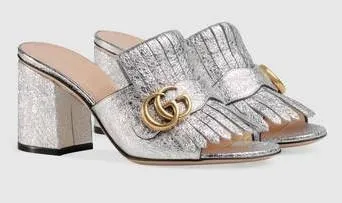 GG Marmont Metallic Crackle-Leather Mules, Gold or Silver