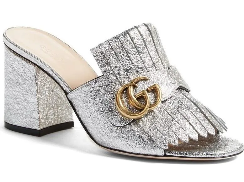 GG Marmont Metallic Crackle-Leather Mules, Gold or Silver
