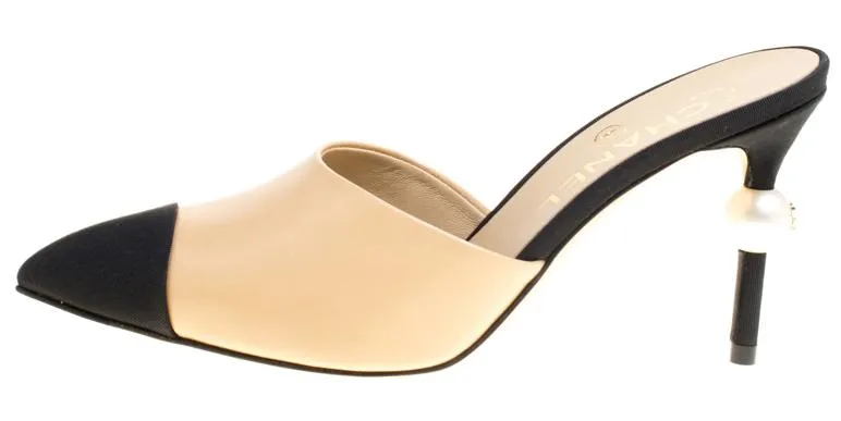 Goatskin Leather Cap Toe Heels Mules - Beige/Black