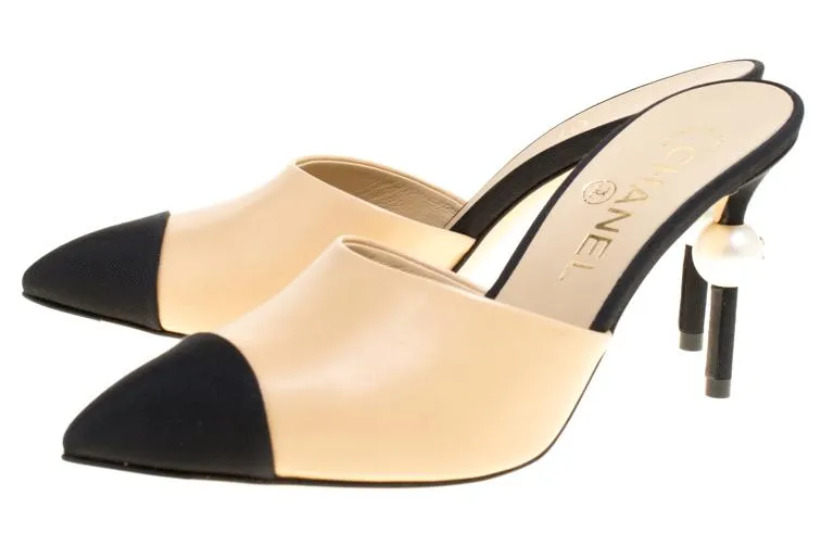 Goatskin Leather Cap Toe Heels Mules - Beige/Black