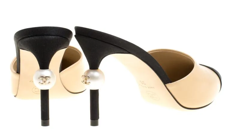 Goatskin Leather Cap Toe Heels Mules - Beige/Black