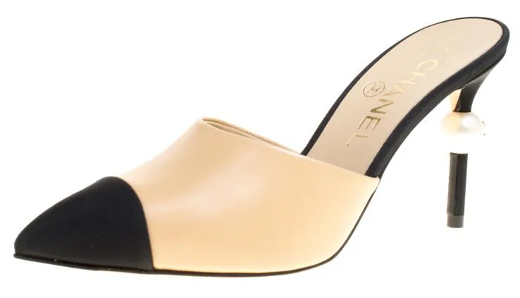 Goatskin Leather Cap Toe Heels Mules - Beige/Black