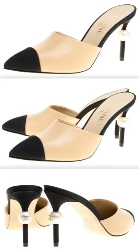 Goatskin Leather Cap Toe Heels Mules - Beige/Black