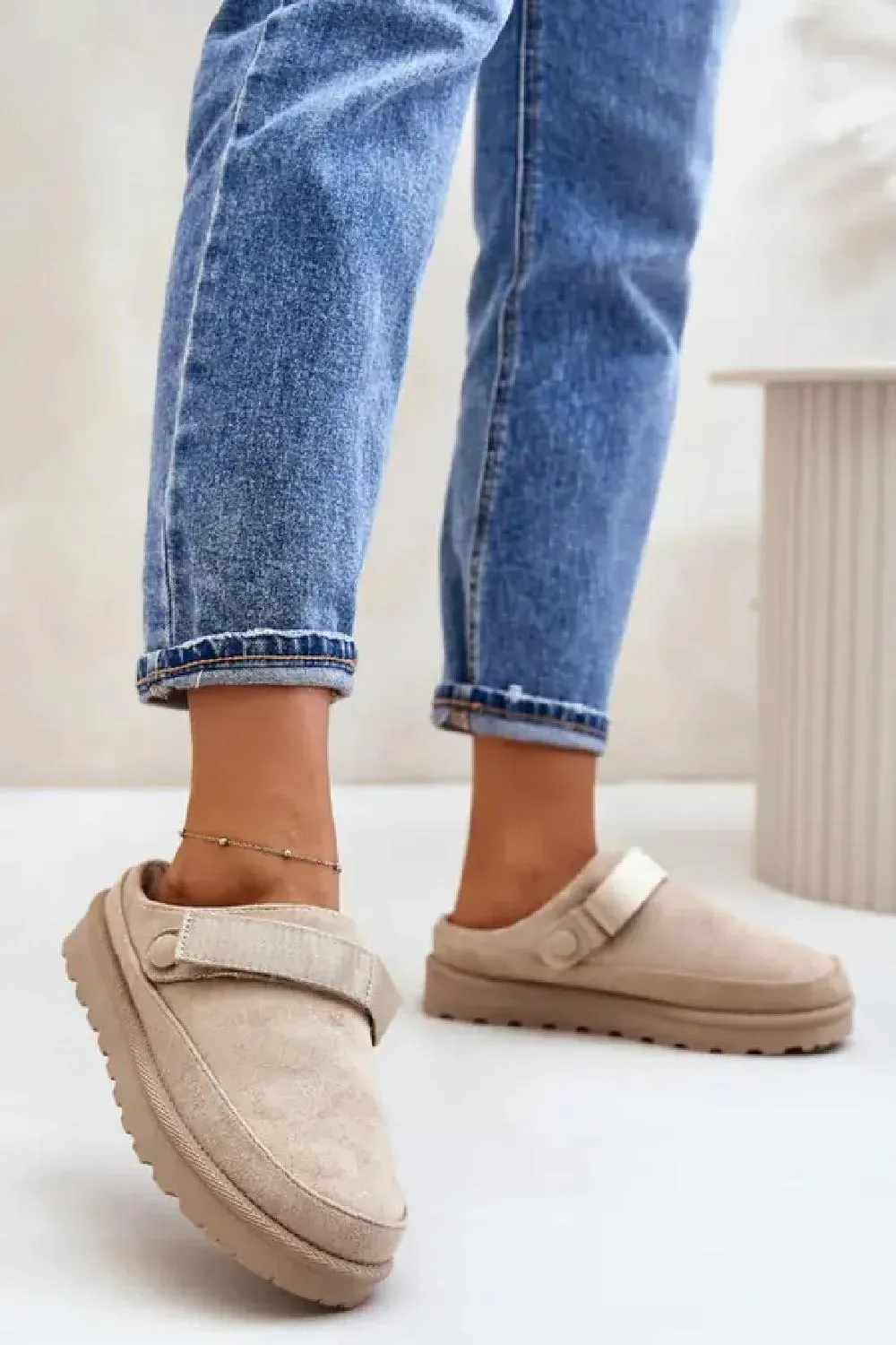 House of Sehrish Beige Faux Suede Strappy Clogs Slip On Mules Slippers