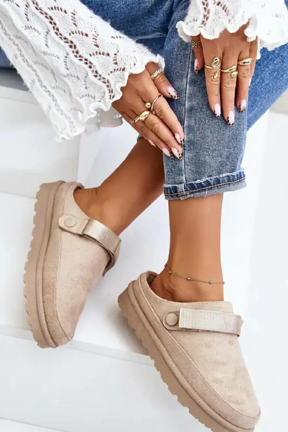 House of Sehrish Beige Faux Suede Strappy Clogs Slip On Mules Slippers
