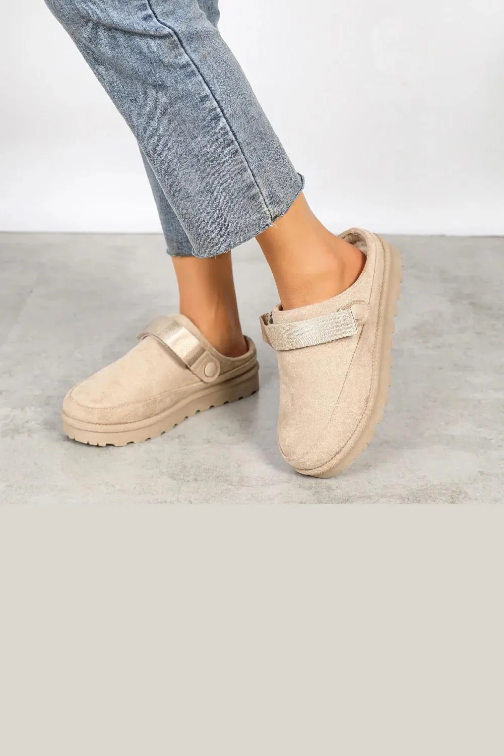 House of Sehrish Beige Faux Suede Strappy Clogs Slip On Mules Slippers