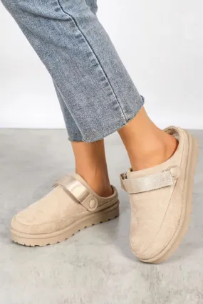 House of Sehrish Beige Faux Suede Strappy Clogs Slip On Mules Slippers