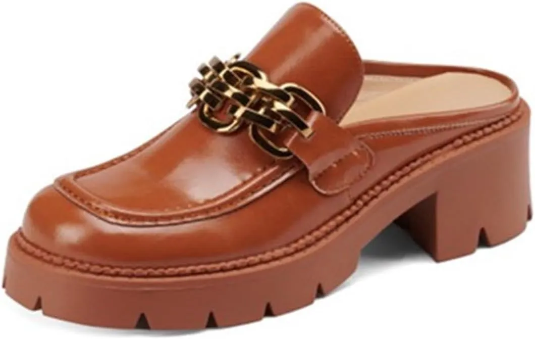Loafers for Women Women’s Genuine Leather Mules with Metal Chain Chunky Block Heels Slip-On Platform Slippers for Spring Summer
