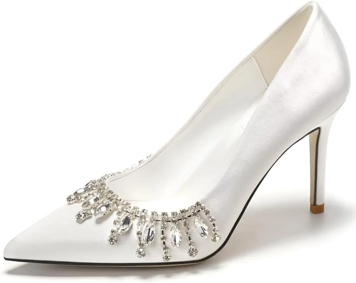 LUXINYU Women Pointed Toe Heels Elegant Stiletto Fashion Pearl Rhinestone Ladies Pumps Wedding Dress Shoes Comfortable Kitten Heels Work Shoes