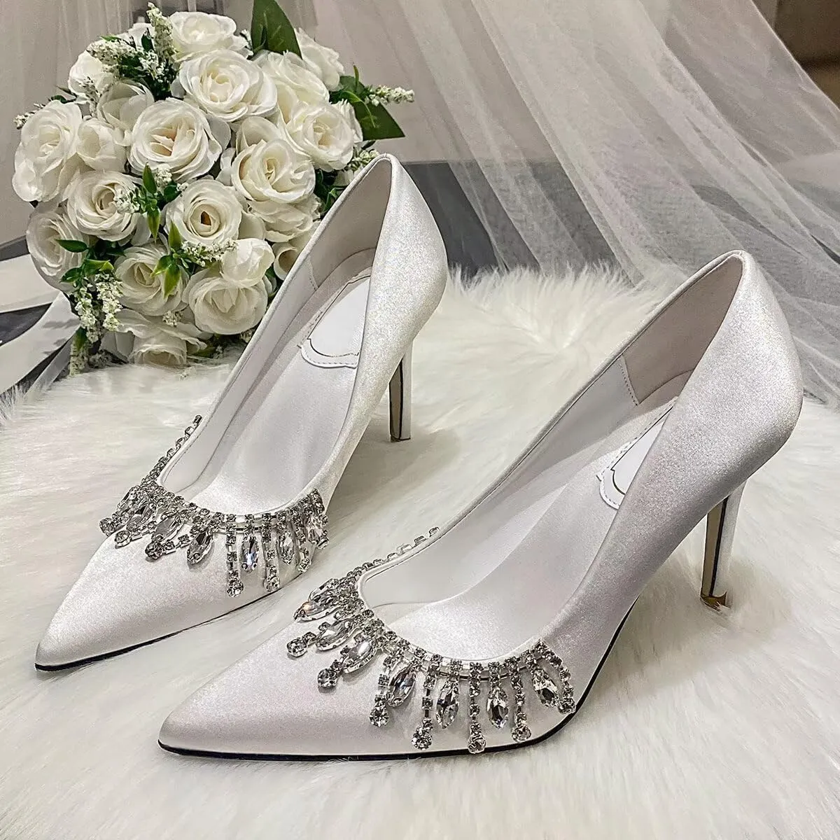 LUXINYU Women Pointed Toe Heels Elegant Stiletto Fashion Pearl Rhinestone Ladies Pumps Wedding Dress Shoes Comfortable Kitten Heels Work Shoes