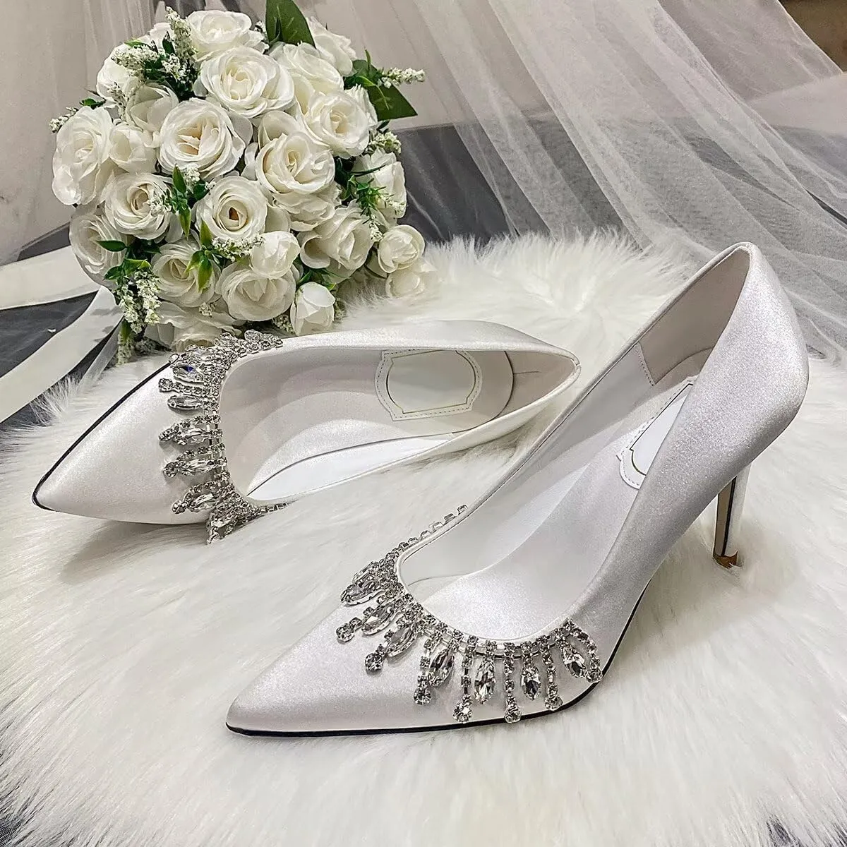 LUXINYU Women Pointed Toe Heels Elegant Stiletto Fashion Pearl Rhinestone Ladies Pumps Wedding Dress Shoes Comfortable Kitten Heels Work Shoes