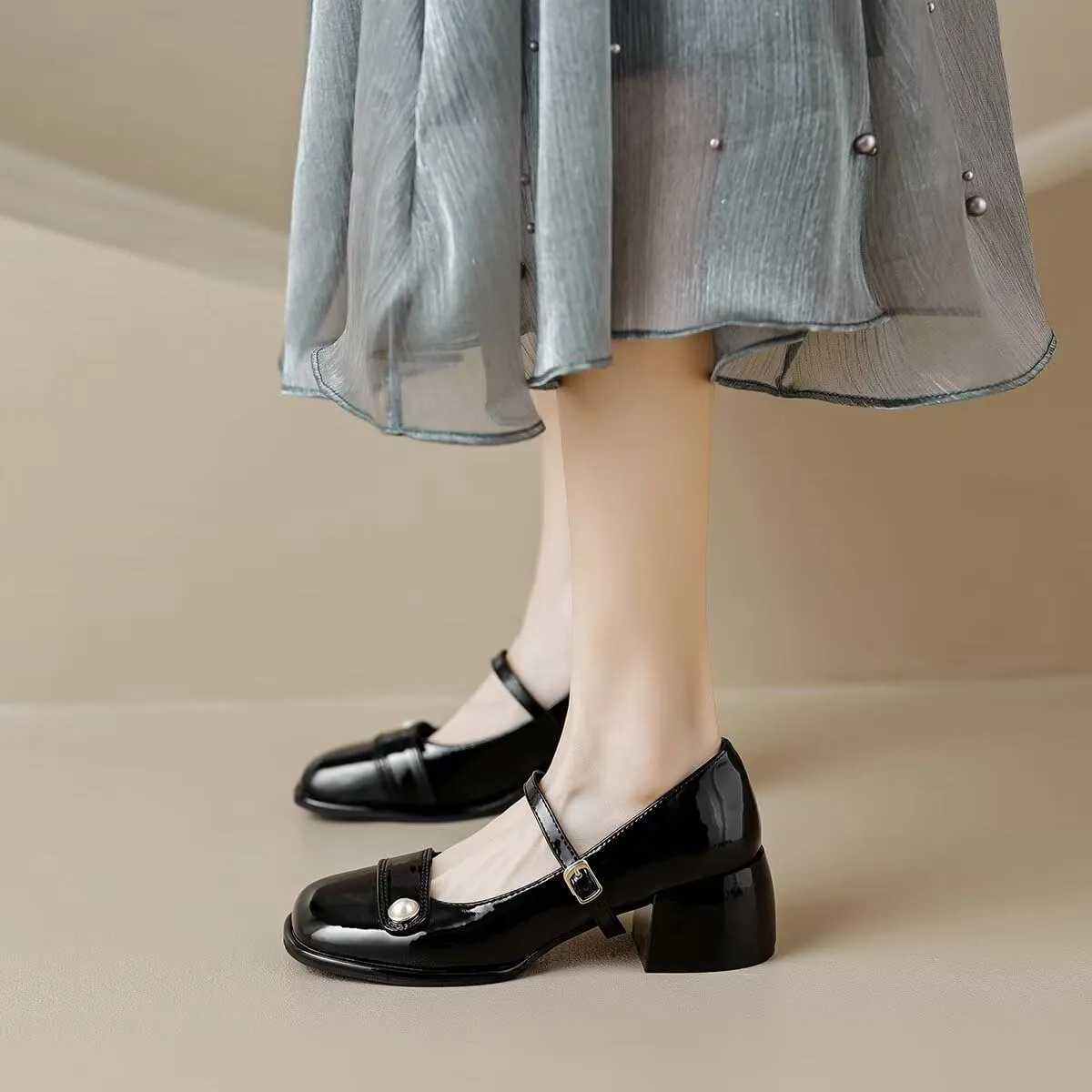 LUXINYU Women Square Toe Heels Pearl Elegant Ladies Pumps Heeled Dress Shoes Comfort Work Shoes