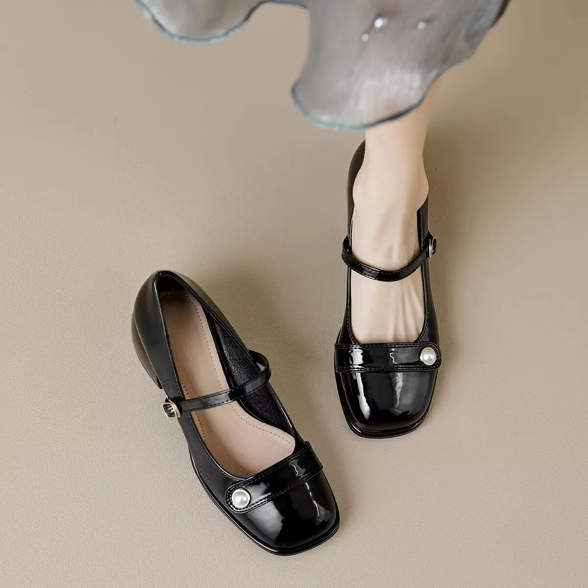 LUXINYU Women Square Toe Heels Pearl Elegant Ladies Pumps Heeled Dress Shoes Comfort Work Shoes