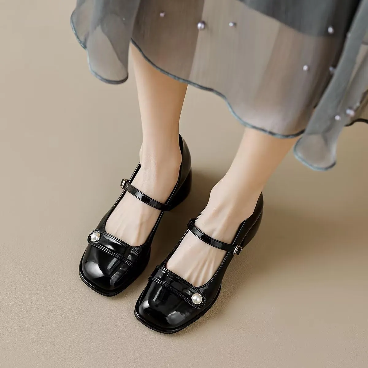 LUXINYU Women Square Toe Heels Pearl Elegant Ladies Pumps Heeled Dress Shoes Comfort Work Shoes