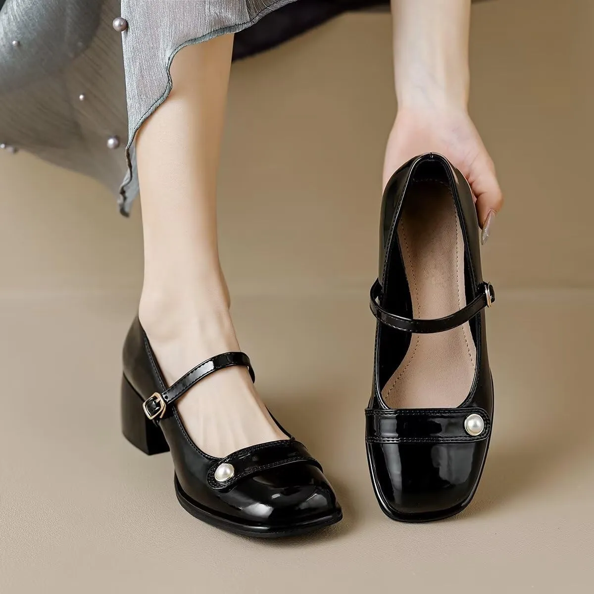 LUXINYU Women Square Toe Heels Pearl Elegant Ladies Pumps Heeled Dress Shoes Comfort Work Shoes