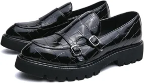 Men's Slip-On Patent Leather Platform Loafers with Double Buckle,Classic Non-Slip Penny Loafers Dress Driving Moccasins Casual Fashion Boat Shoes