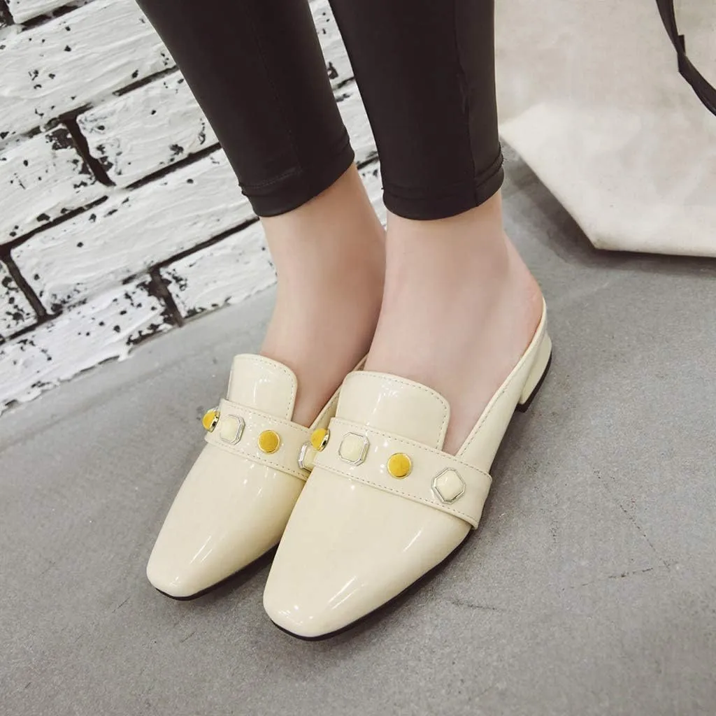MIOKE Women's Comfy Low Heel Mules Square Toe Backless Slip On Loafer Slide Dress Slipper Shoes