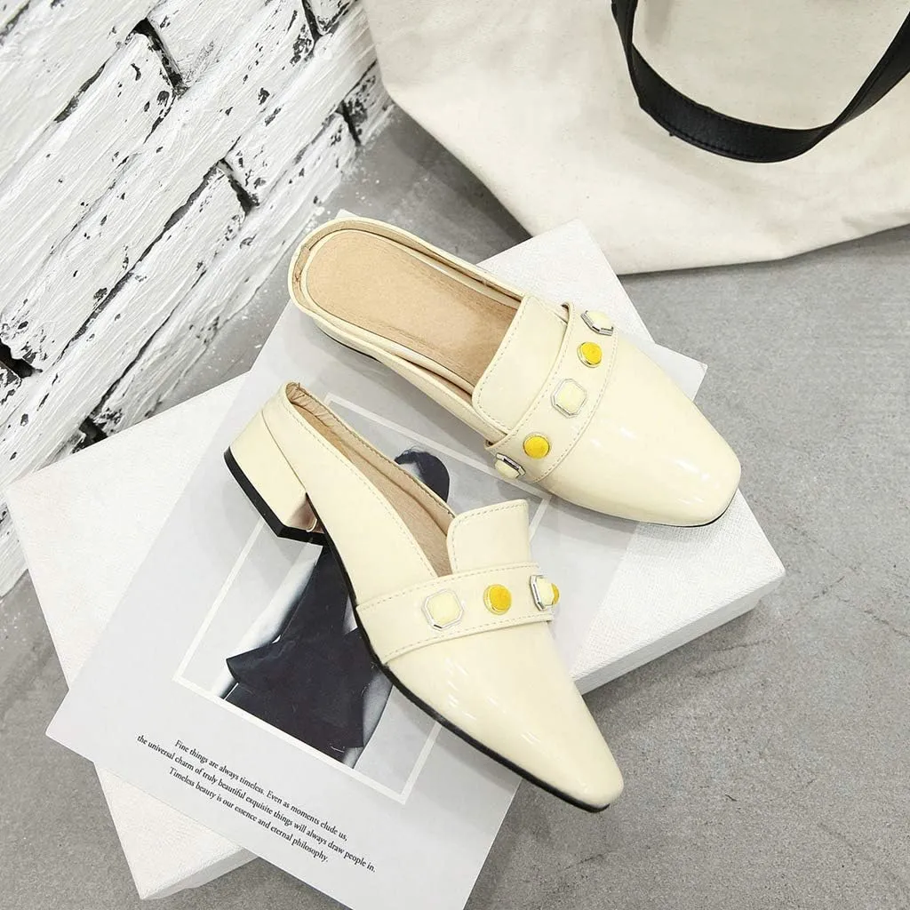 MIOKE Women's Comfy Low Heel Mules Square Toe Backless Slip On Loafer Slide Dress Slipper Shoes