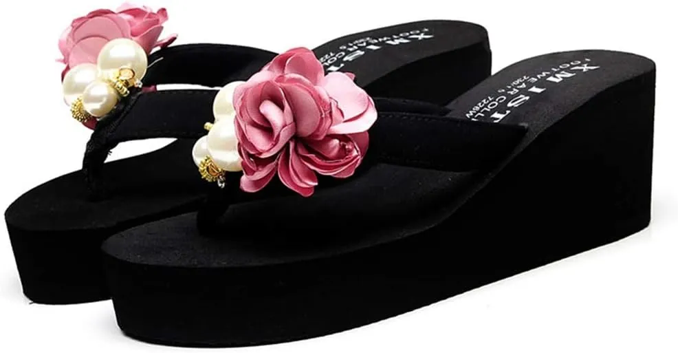 MIOKE Women's Flower Wedge Platform Flip Flops Summer Bohemia Comfy Nonslip High Heel Beach Thong Sandals