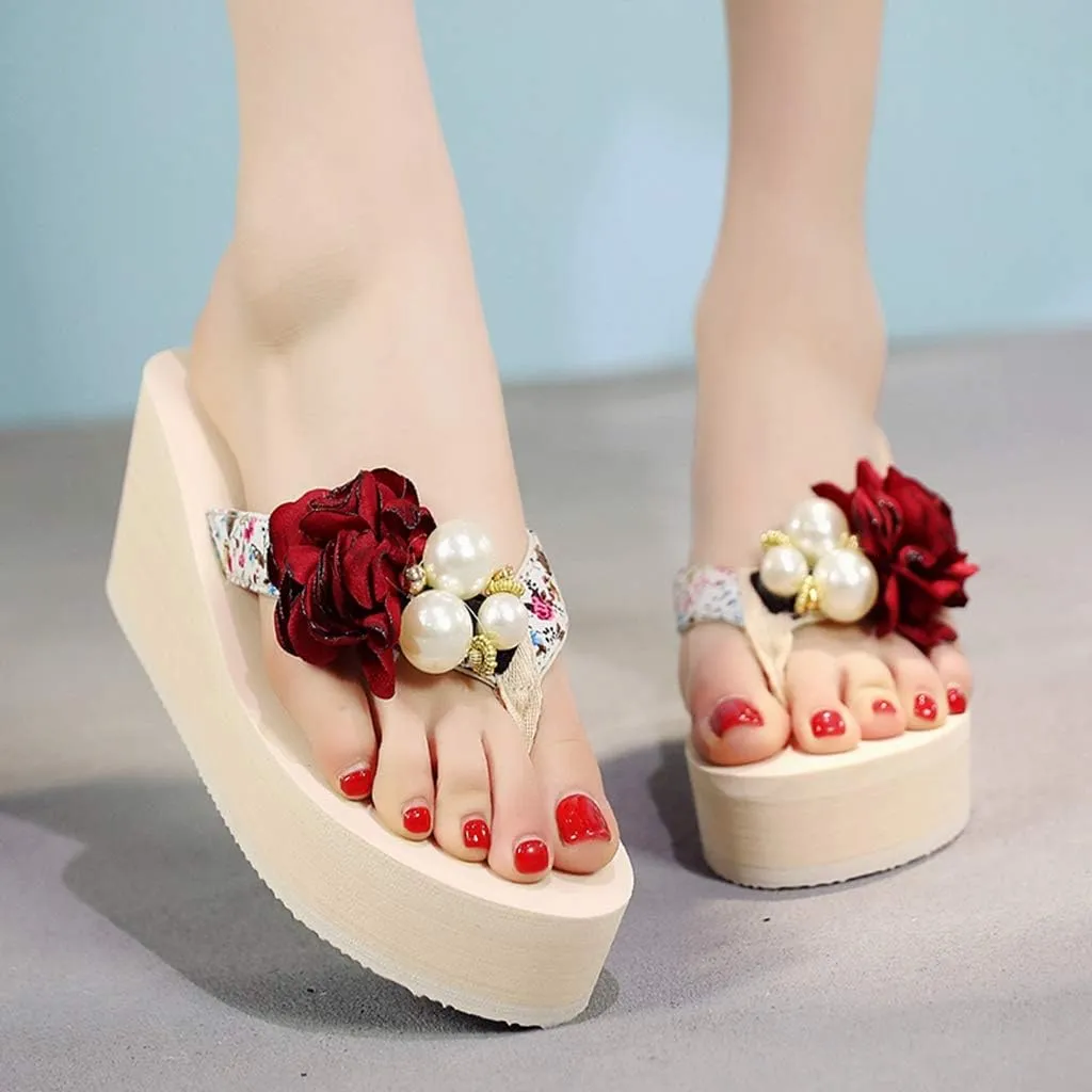 MIOKE Women's Flower Wedge Platform Flip Flops Summer Bohemia Comfy Nonslip High Heel Beach Thong Sandals