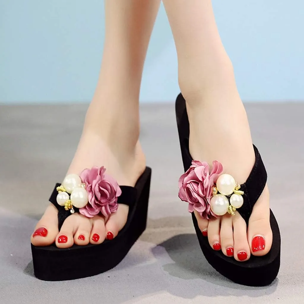 MIOKE Women's Flower Wedge Platform Flip Flops Summer Bohemia Comfy Nonslip High Heel Beach Thong Sandals