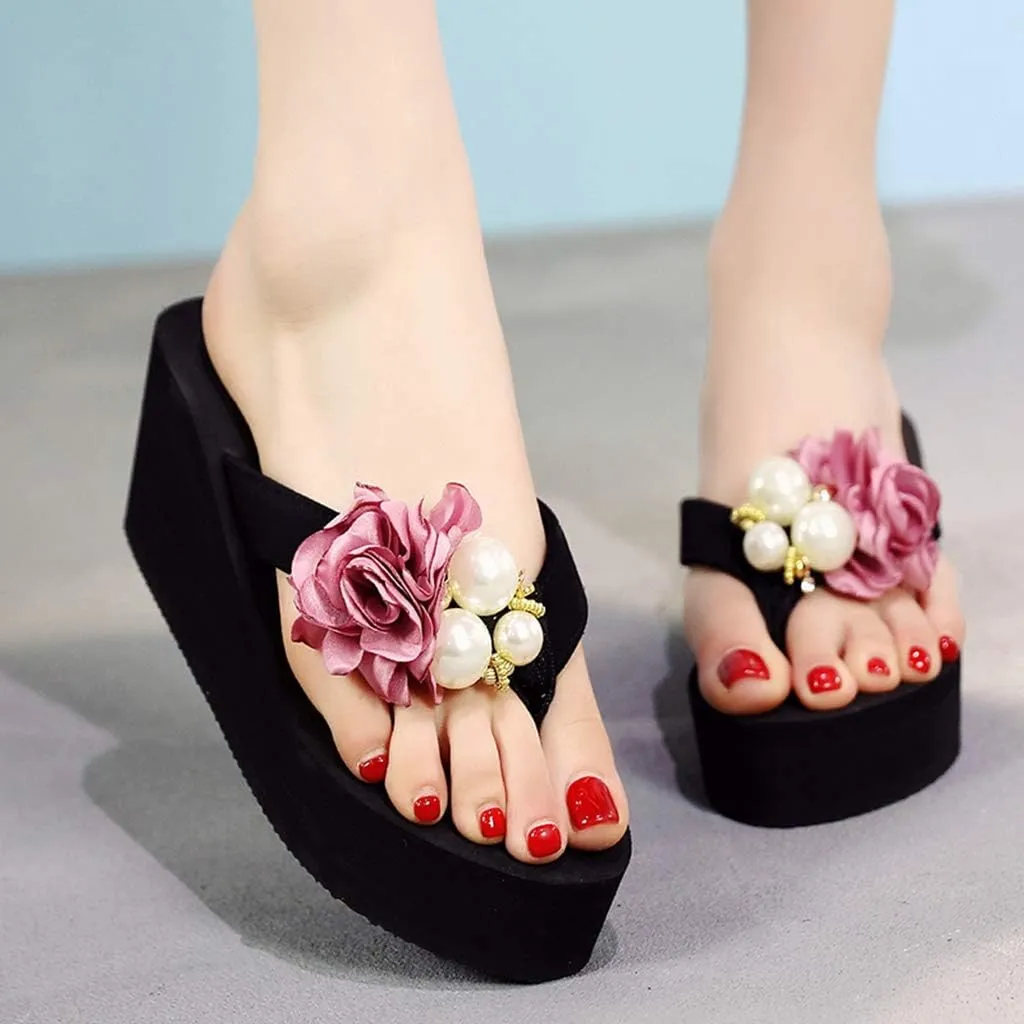 MIOKE Women's Flower Wedge Platform Flip Flops Summer Bohemia Comfy Nonslip High Heel Beach Thong Sandals