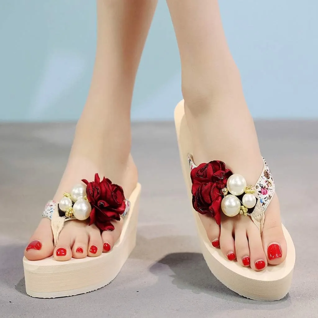 MIOKE Women's Flower Wedge Platform Flip Flops Summer Bohemia Comfy Nonslip High Heel Beach Thong Sandals