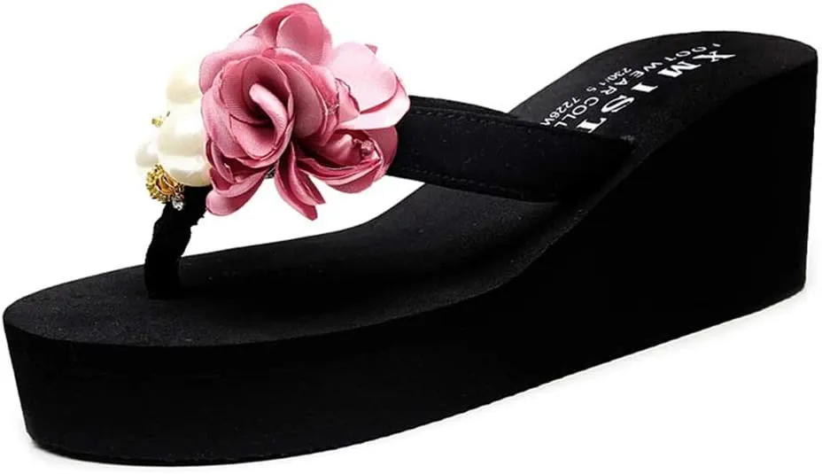 MIOKE Women's Flower Wedge Platform Flip Flops Summer Bohemia Comfy Nonslip High Heel Beach Thong Sandals